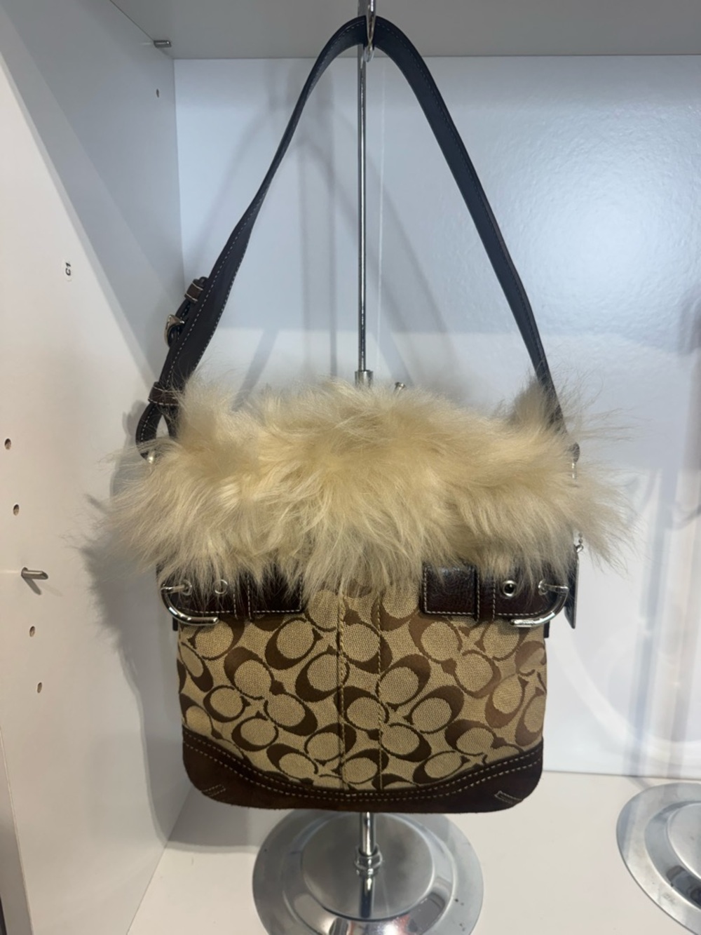Coach Brown Signature Canvas Shoulder Bag with Cream Faux Fur Trim